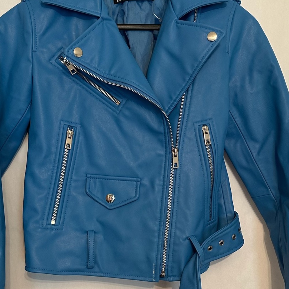 ZARA Faux Leather Blue Moto Jacket XS Biker Blogger Favorite TikTok Style - Picture 9 of 15